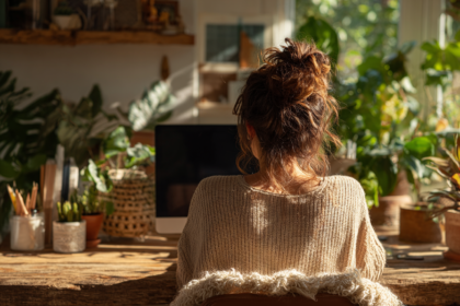 Woman sitting in a calm creative workspace surrounded by plants reflecting observation, curiosity, and creative thinking