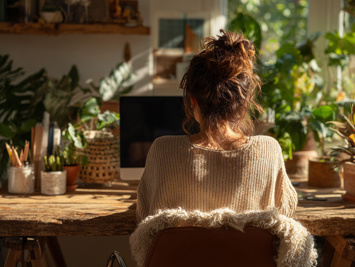 Woman sitting in a calm creative workspace surrounded by plants reflecting observation, curiosity, and creative thinking