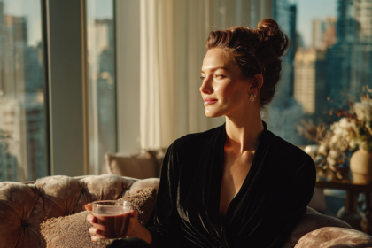 Elegant woman sitting thoughtfully in a modern apartment reflecting creativity, independent thinking, and authentic living