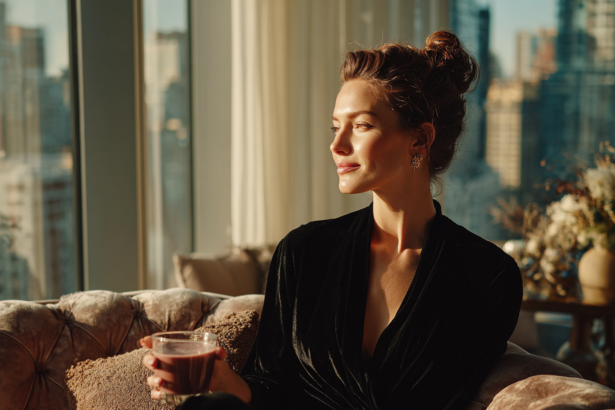 Elegant woman sitting thoughtfully in a modern apartment reflecting creativity, independent thinking, and authentic living