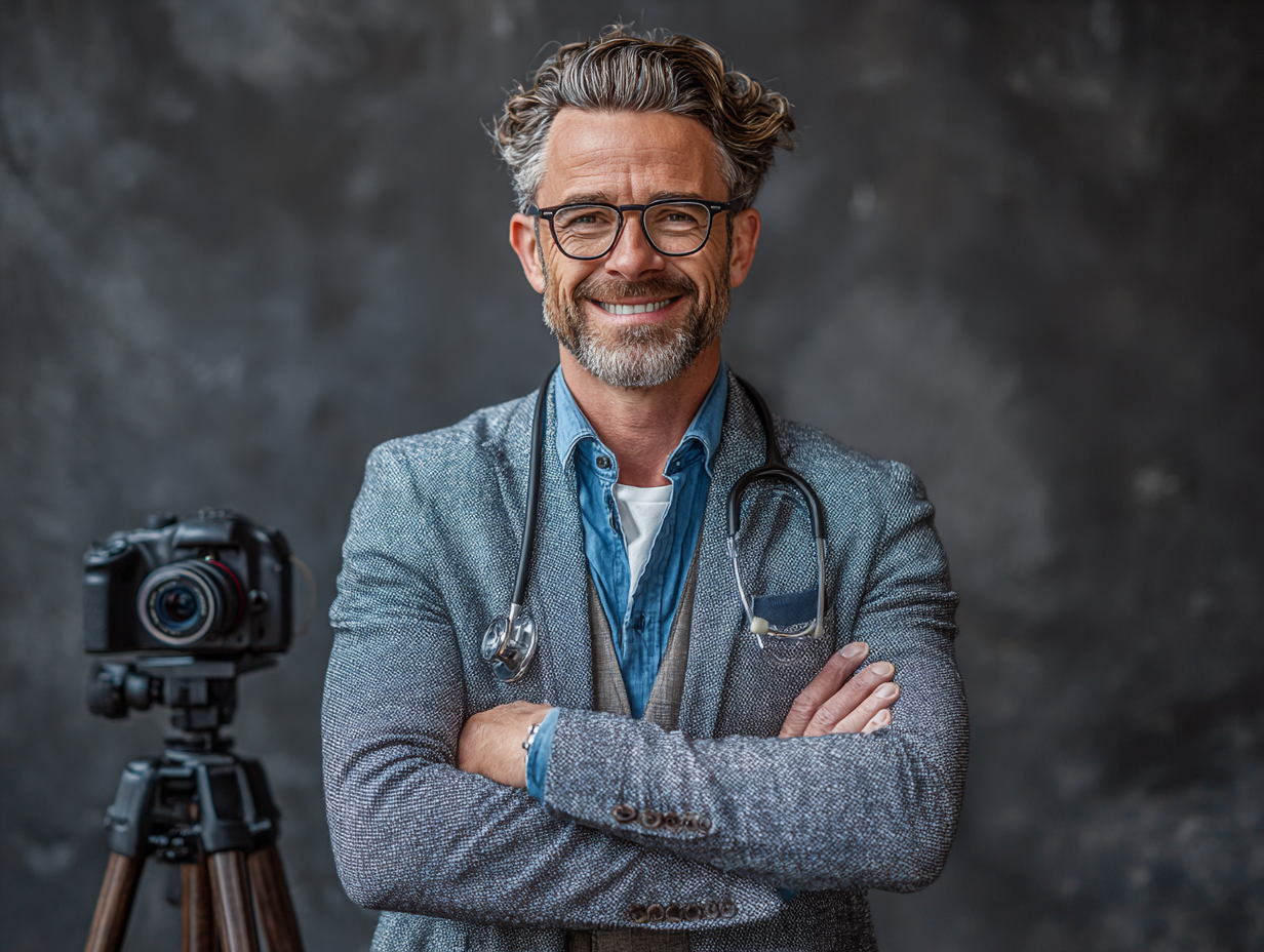 Doctor standing beside a camera representing healthcare professionals creating educational content online