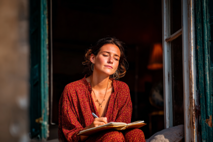 Elegant woman journaling peacefully by a window reflecting mental clarity and intentional living