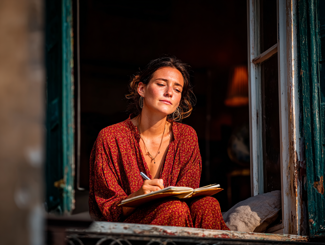 Elegant woman journaling peacefully by a window reflecting mental clarity and intentional living
