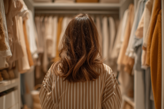 Woman standing in an organized closet reflecting on letting go of clothes and reducing clutter