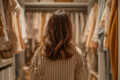 Woman standing in an organized closet reflecting on letting go of clothes and reducing clutter