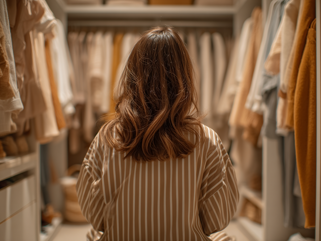 Woman standing in an organized closet reflecting on letting go of clothes and reducing clutter