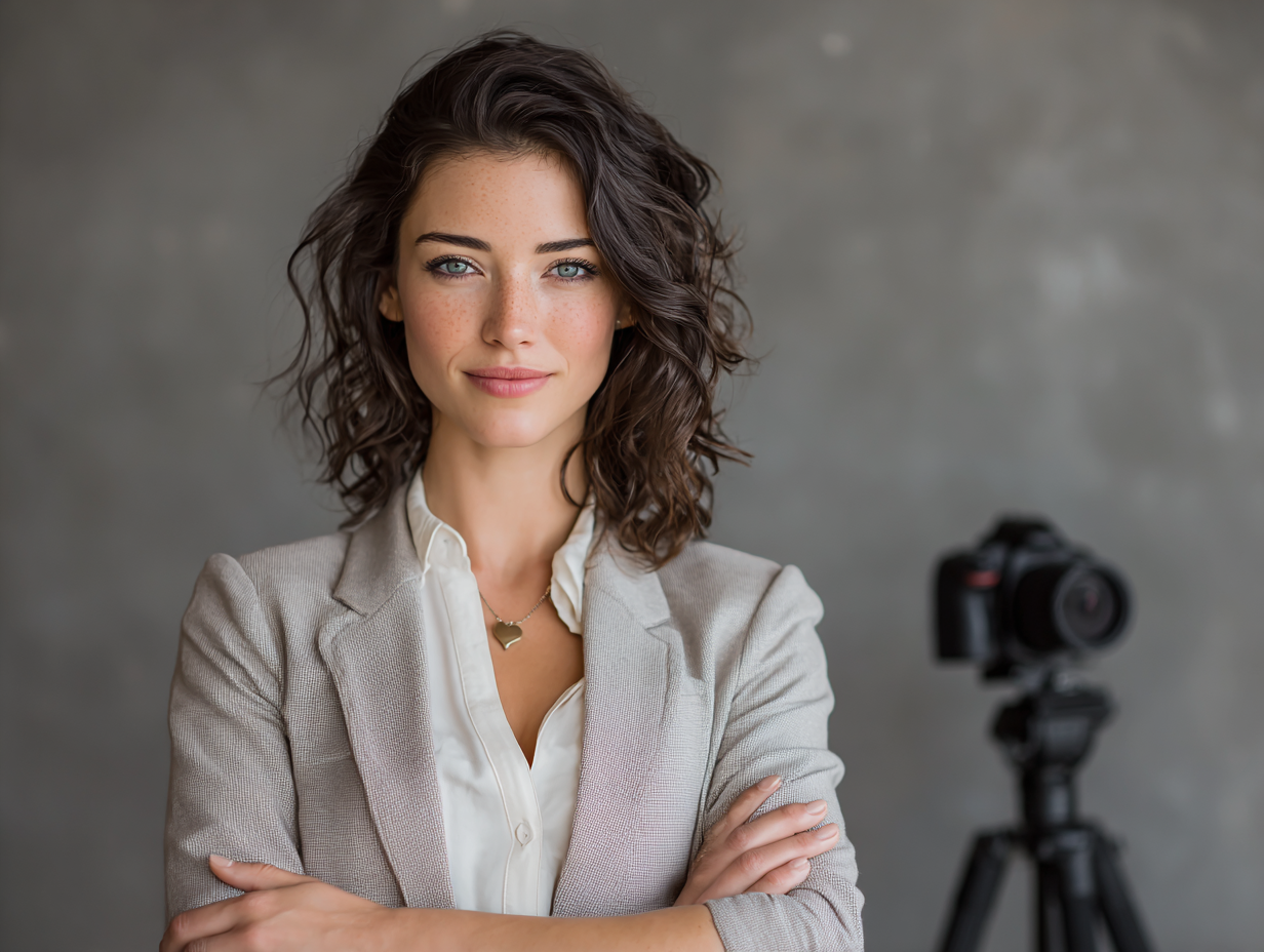 Professional woman standing confidently beside a camera representing personal branding and content creation in the AI era