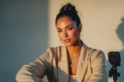 Modern female entrepreneur sitting beside a camera representing personal branding and digital business creation