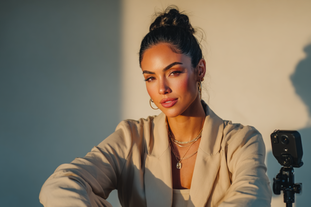 Modern female entrepreneur sitting beside a camera representing personal branding and digital business creation