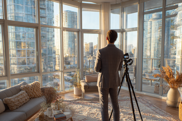 Professional creating social media content in a modern luxury apartment representing the rise of content creators and personal branding in the AI era