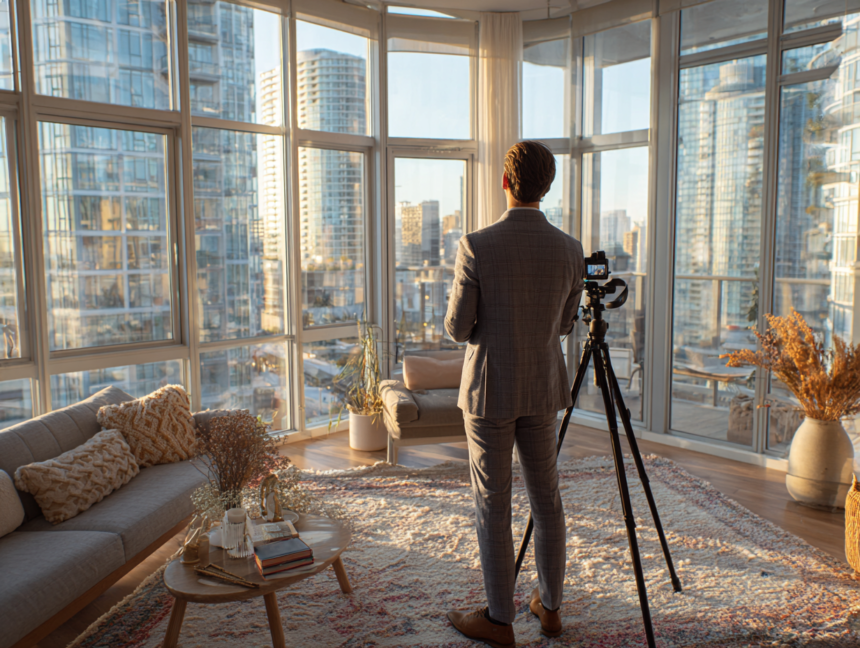 Professional creating social media content in a modern luxury apartment representing the rise of content creators and personal branding in the AI era