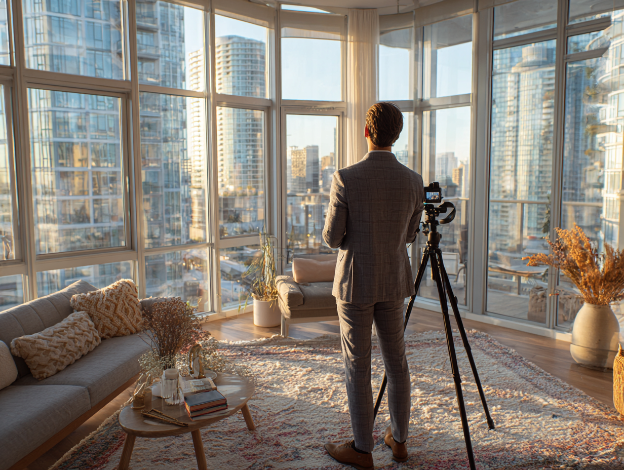 Professional creating social media content in a modern luxury apartment representing the rise of content creators and personal branding in the AI era