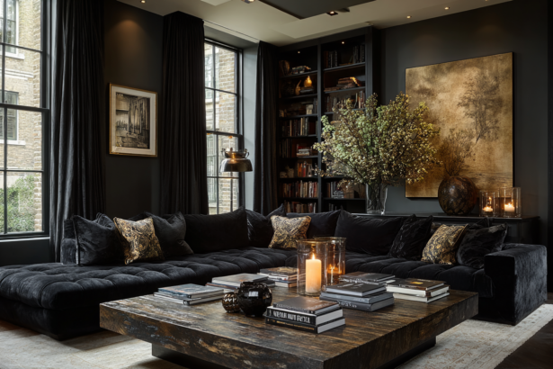 Elegant dark living room with coffee table books, black sofa, candles, bookshelves, and warm lighting.