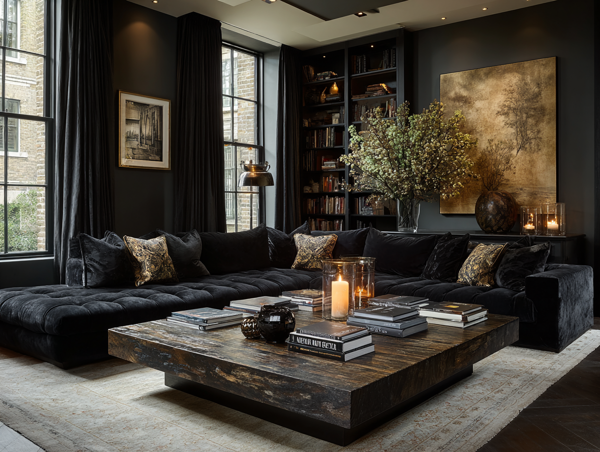 Elegant dark living room with coffee table books, black sofa, candles, bookshelves, and warm lighting.