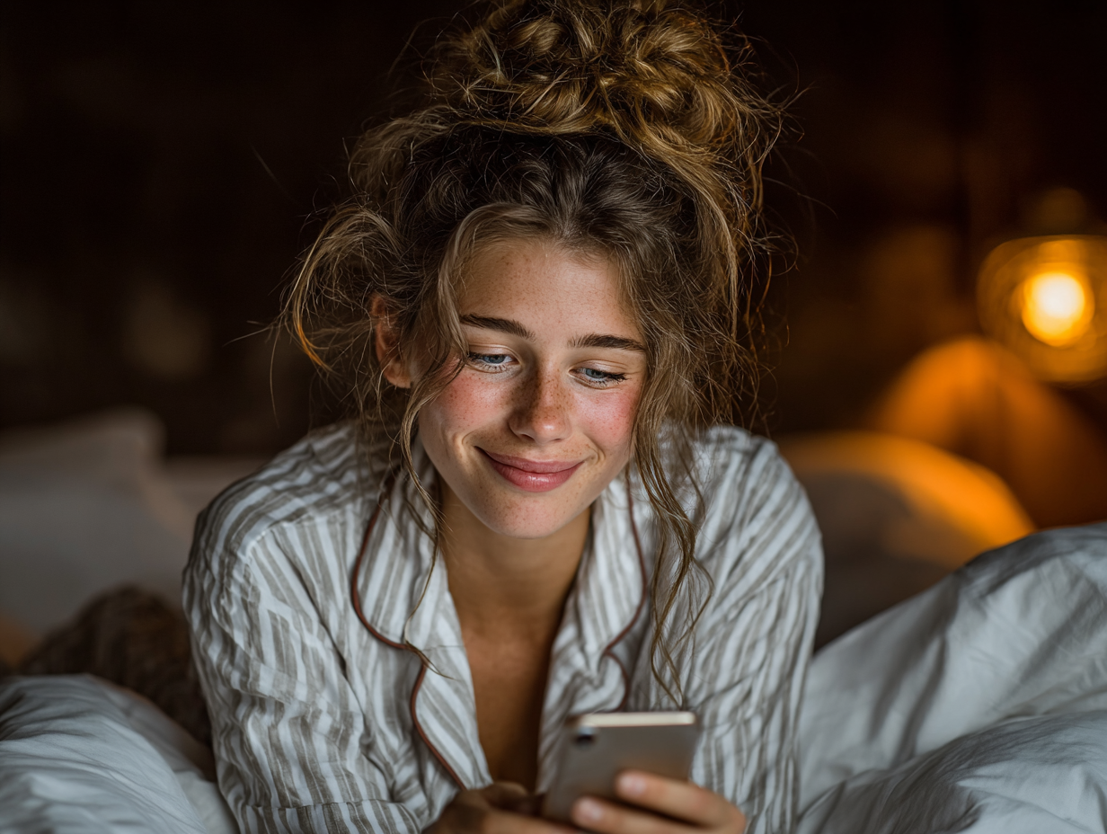 Young woman using her phone in bed representing social media consumption and the modern attention economy