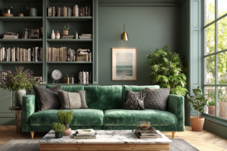 Elegant green living room with built-in bookshelf and stacked coffee table books on marble table.