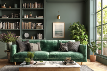 Elegant green living room with built-in bookshelf and stacked coffee table books on marble table.