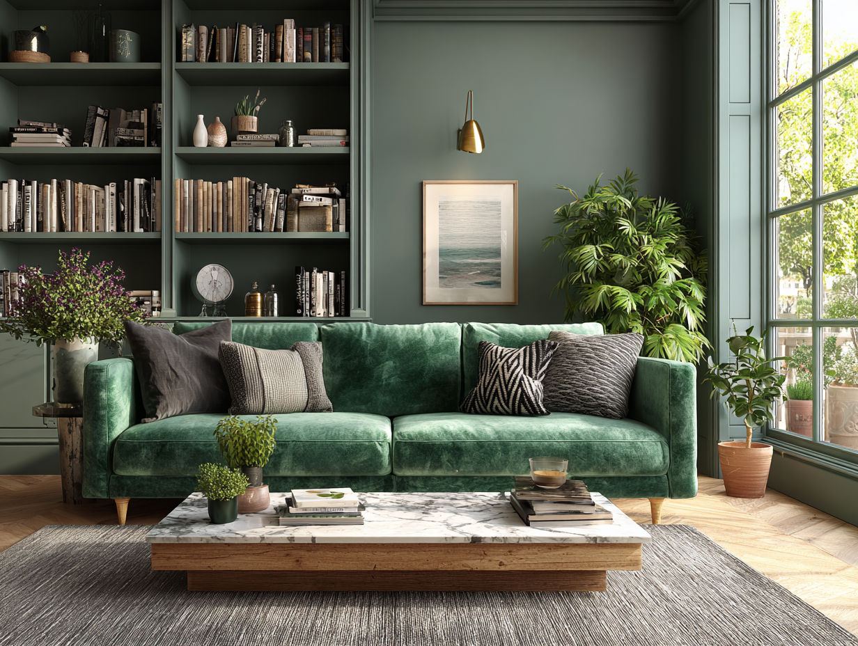 Elegant green living room with built-in bookshelf and stacked coffee table books on marble table.