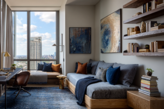 Modern child's room with bookshelves, stacked books, desk, seating area, and city view.