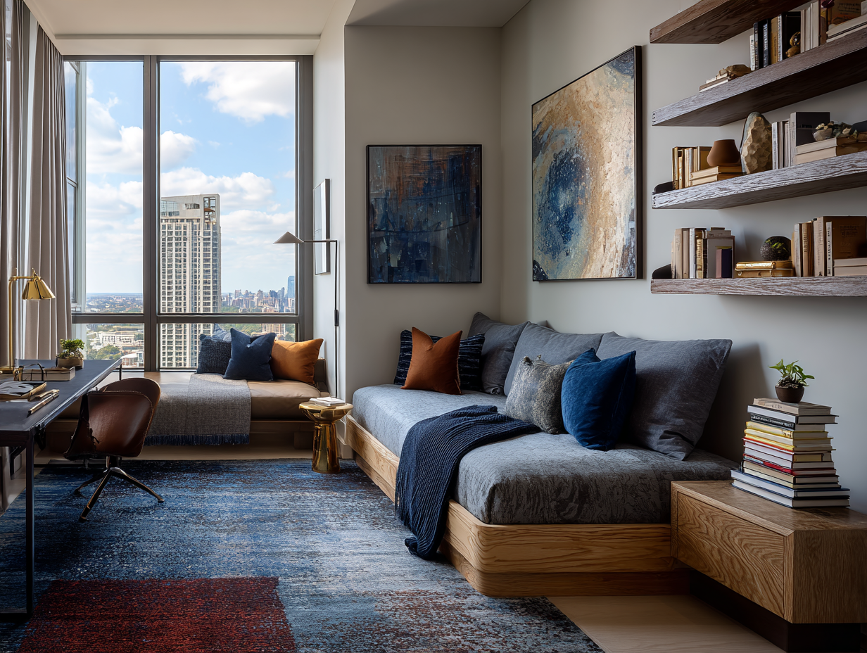 Modern child's room with bookshelves, stacked books, desk, seating area, and city view.