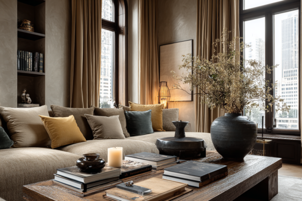 Elegant living room with stacked coffee table books, neutral sofa, wooden table, and sophisticated decor.