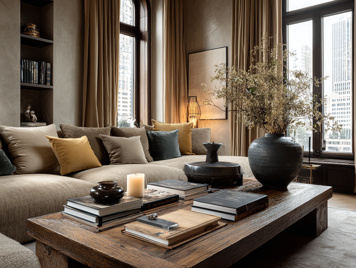 Elegant living room with stacked coffee table books, neutral sofa, wooden table, and sophisticated decor.
