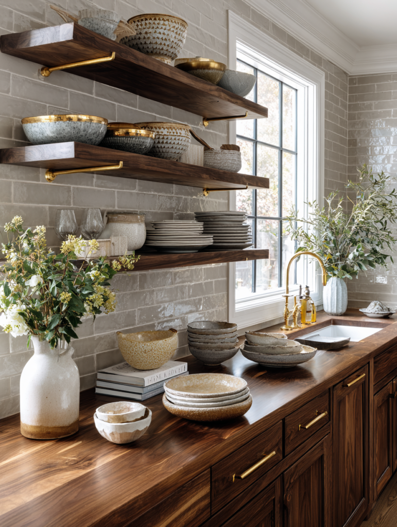 15 Floating Shelves and Gold Brackets for a More Open Kitchen