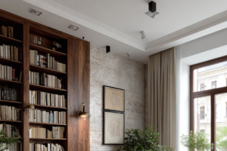 Cozy reading corner with designer armchair beside a home library wall