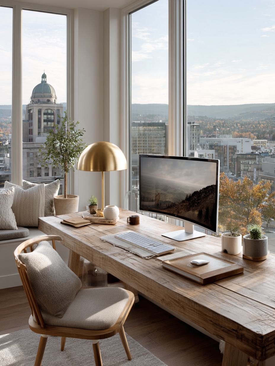 Beautiful home office with a wooden desk and an elegant upholstered desk chair in warm light.