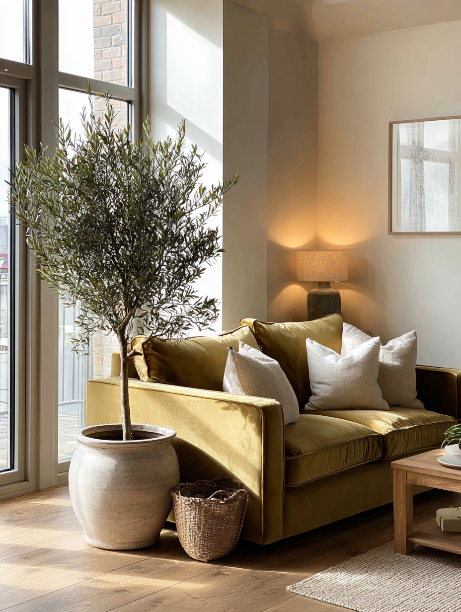 Indoor olive tree with a spotlight in a beautiful room.
