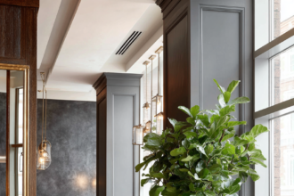 Large grey planter with tall fig leaves in a beautiful room.