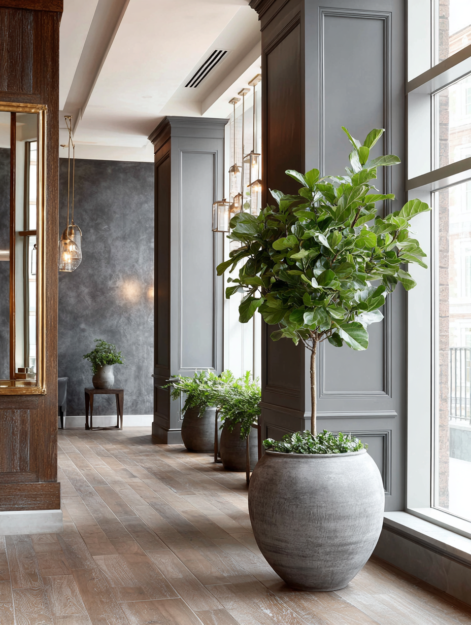 Large grey planter with tall fig leaves in a beautiful room.