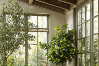 Greenhouse filled with fruit trees and plants in a beautiful room.