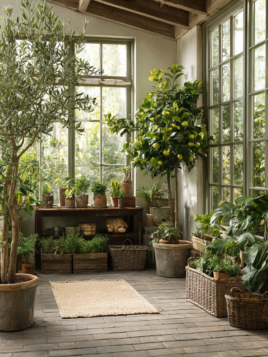 Greenhouse filled with fruit trees and plants in a beautiful room.