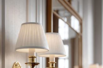 White and antique gold wall sconces in a classic small bathroom