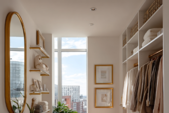 Walk-in closet with gold rods and tailored blazers.