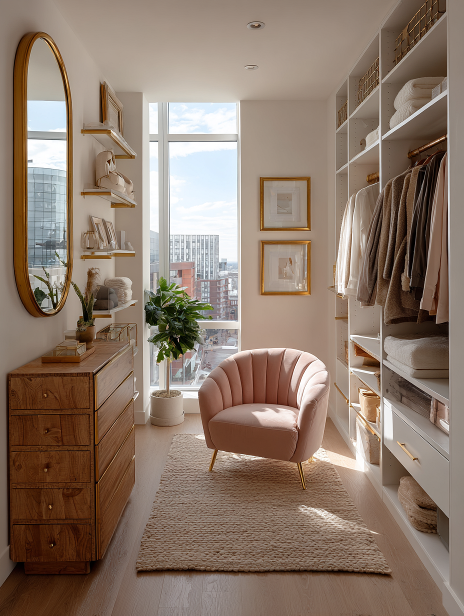 Walk-in closet with gold rods and tailored blazers.