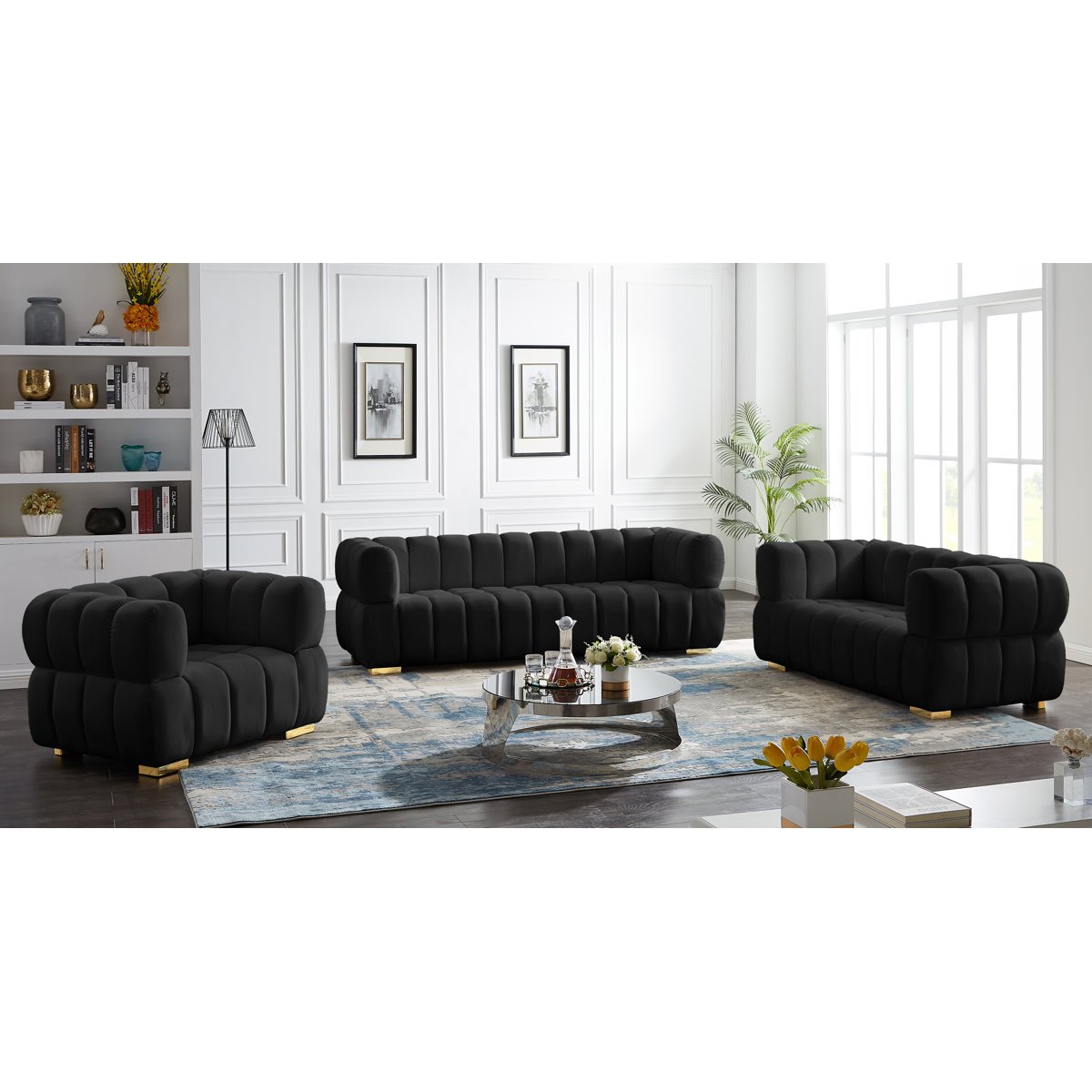 Carlan 91" Velvet Tuxedo Arm Sofa, black velvet