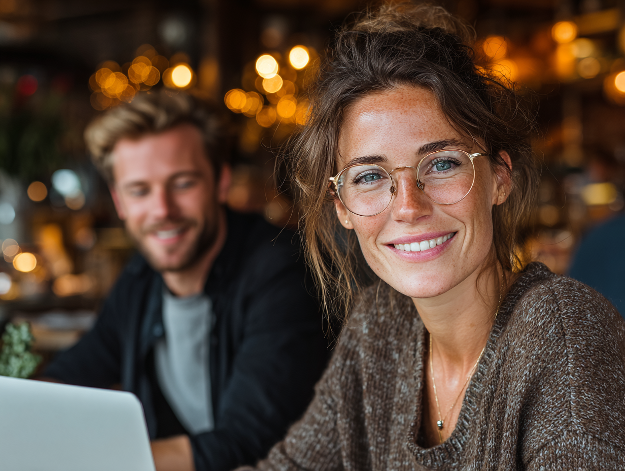 A young entrepreneur working on a laptop in warm light