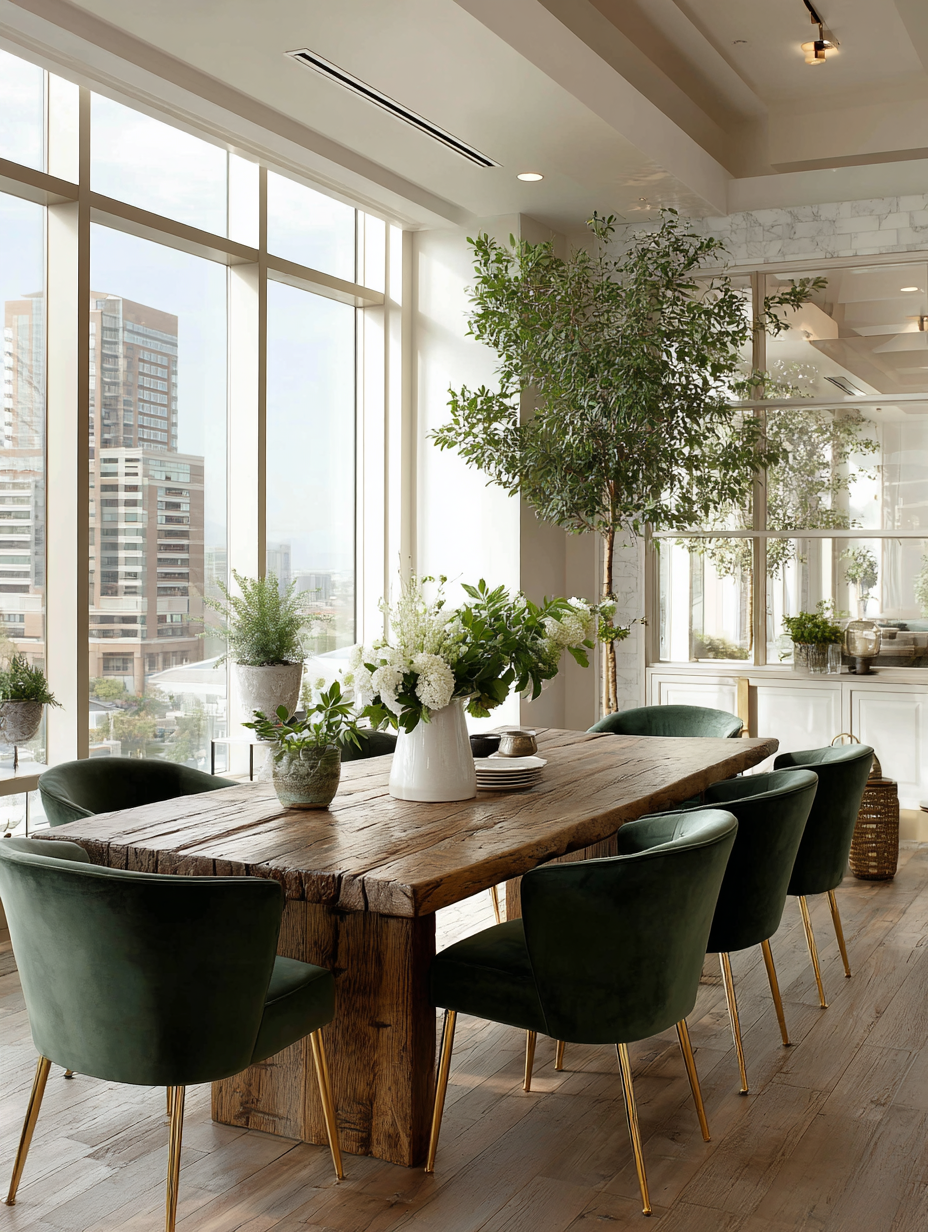 An elegant dining table set in a bright room with green velvet chairs