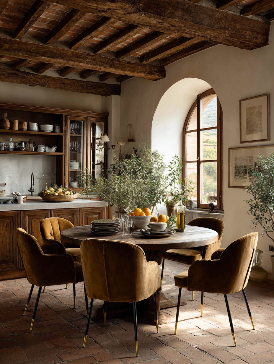 A round wooden dining table set for a dinner party in a warm stone room