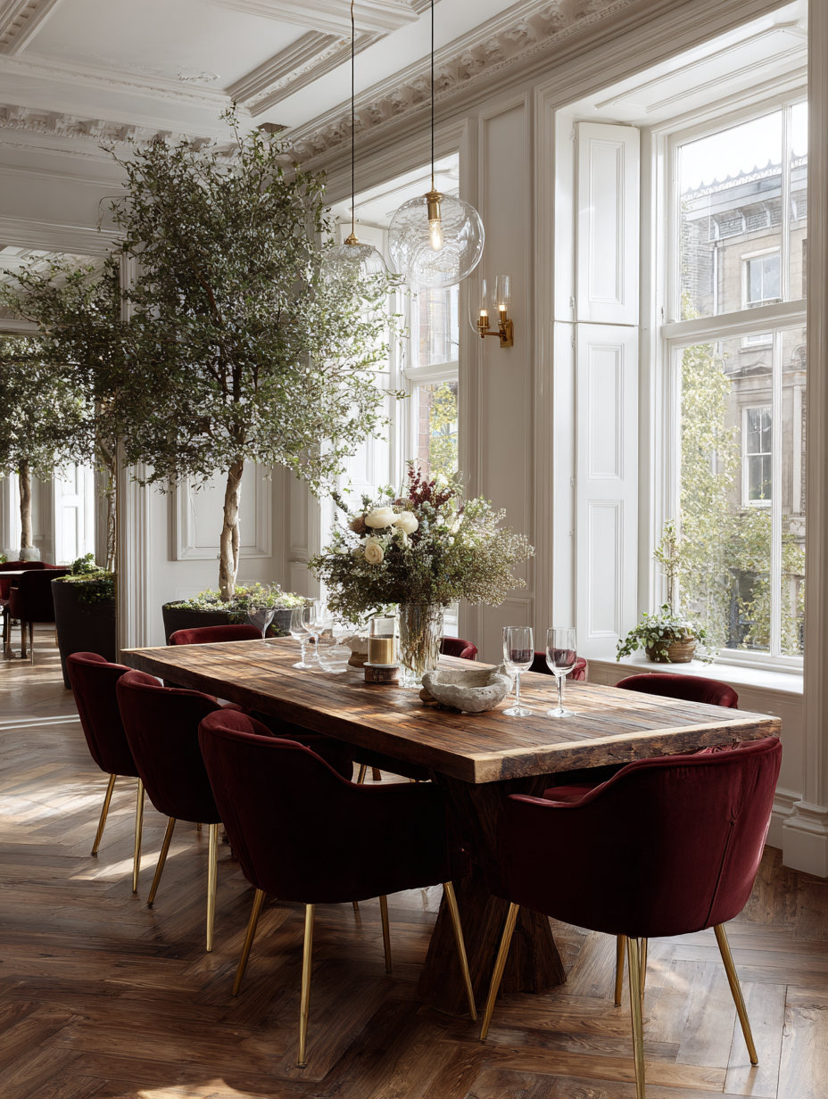 A richly set dining table with burgundy accents and warm light