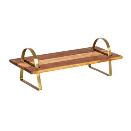 Acacia wood serving board on a gold stand