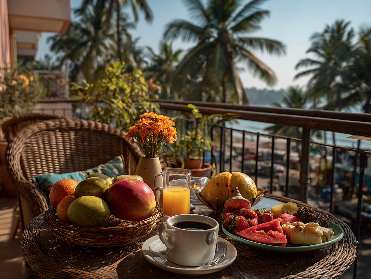 A colorful breakfast spread with fresh fruits on a sunlit veranda
