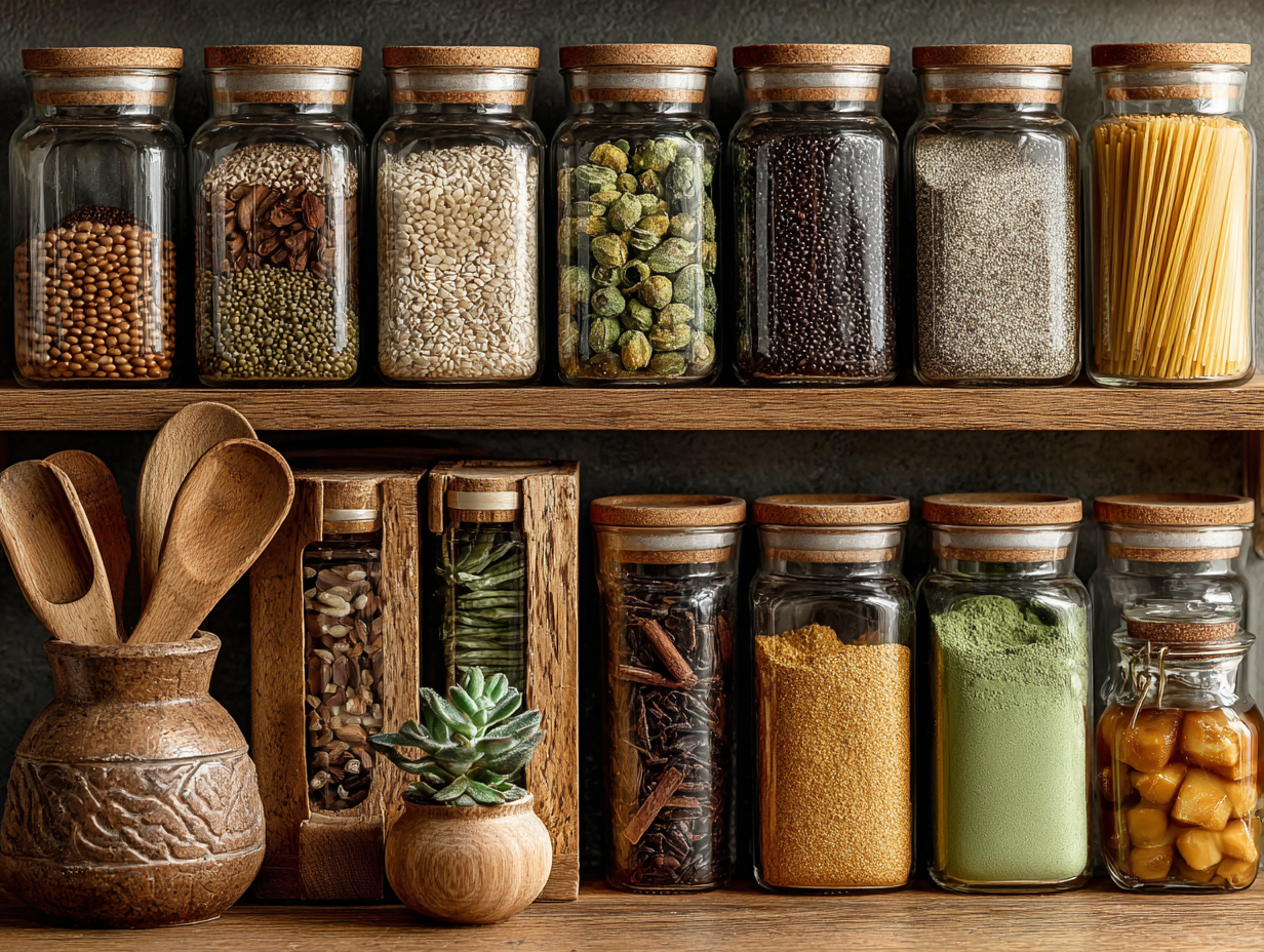 A beautifully organized pantry with jars of grains, lentils, and seeds