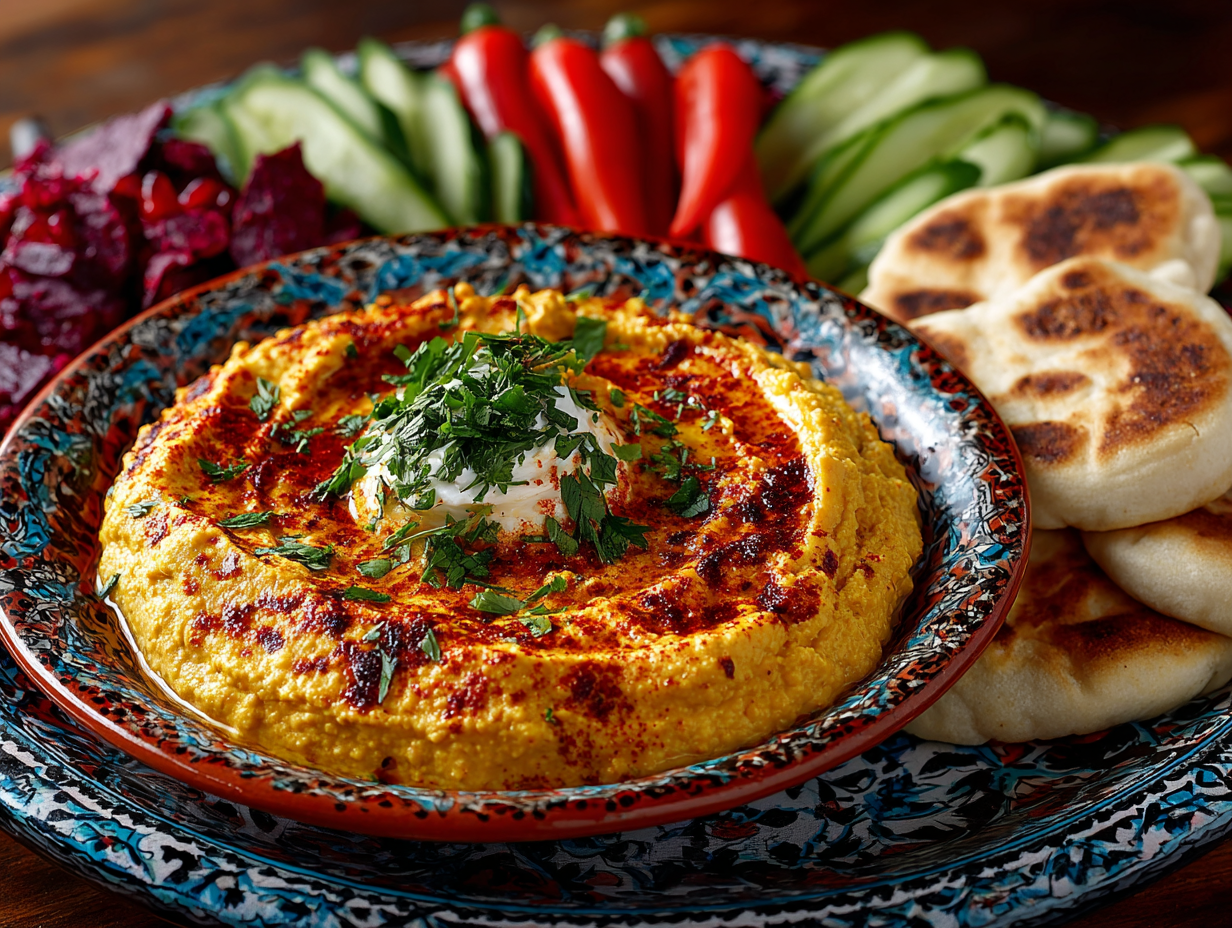 A vibrant hummus platter with vegetables and pita