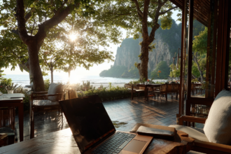 Laptop on a wooden table at an open-air cafe overlooking the sea at golden hour