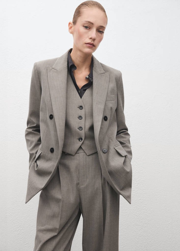 Mango Double-Breasted Wool Blend Blazer in Grey