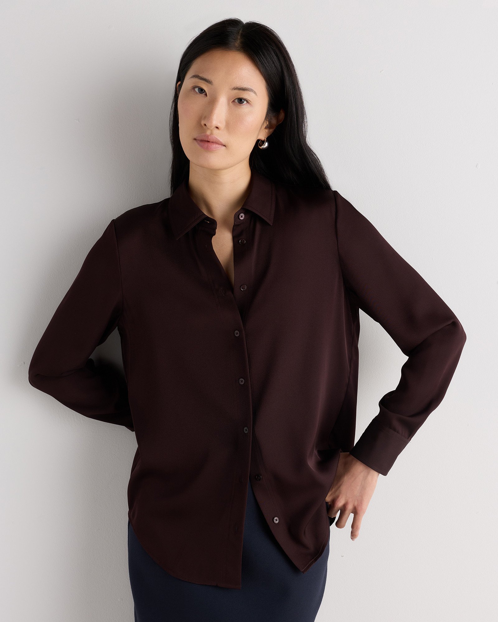 Quince Women's Washable Stretch Silk Blouse in Chocolate Plum Brown