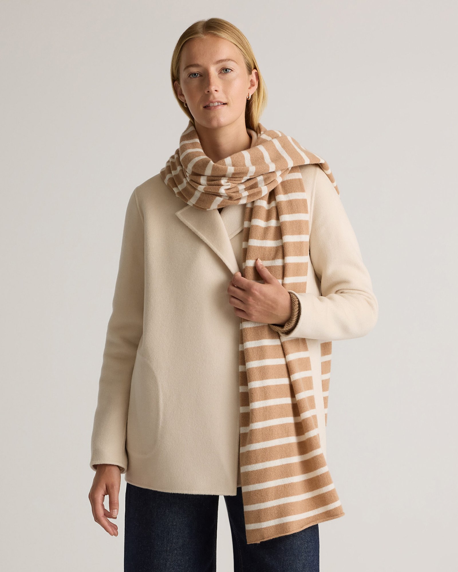 Quince Women's Mongolian Cashmere Wrap in Camel and Ivory Stripe